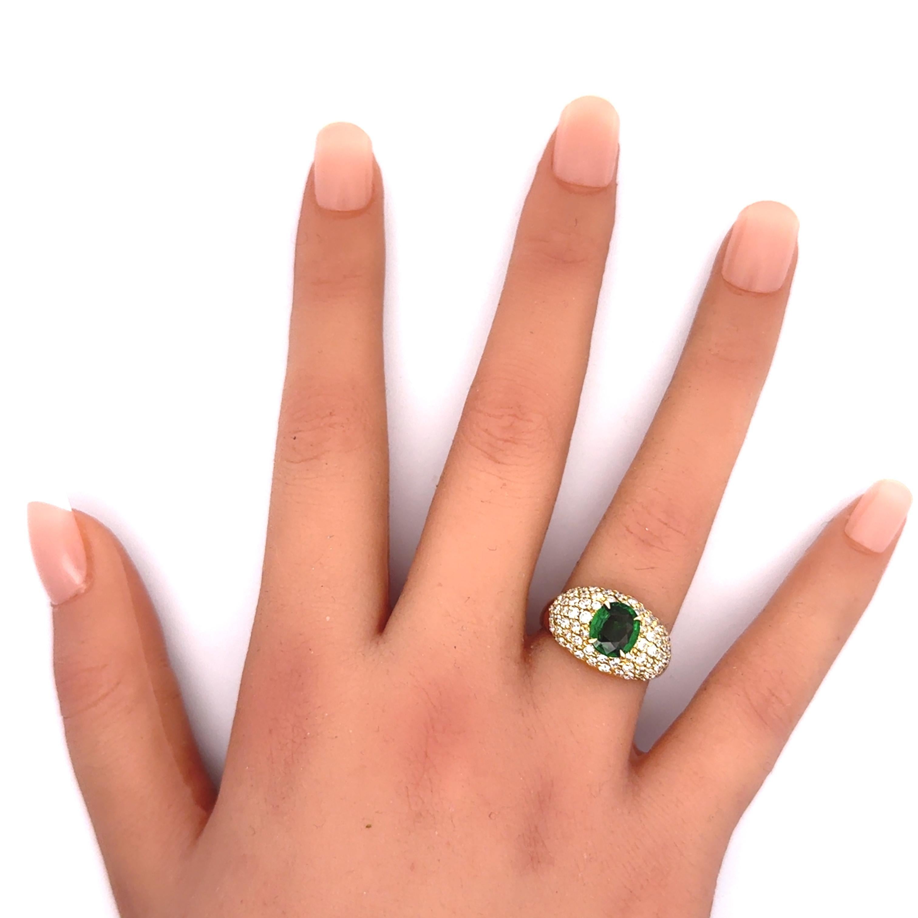 Oval Cut 1.68 Carat Tsavorite Pave Diamond 18k Yellow Gold Ring For Sale