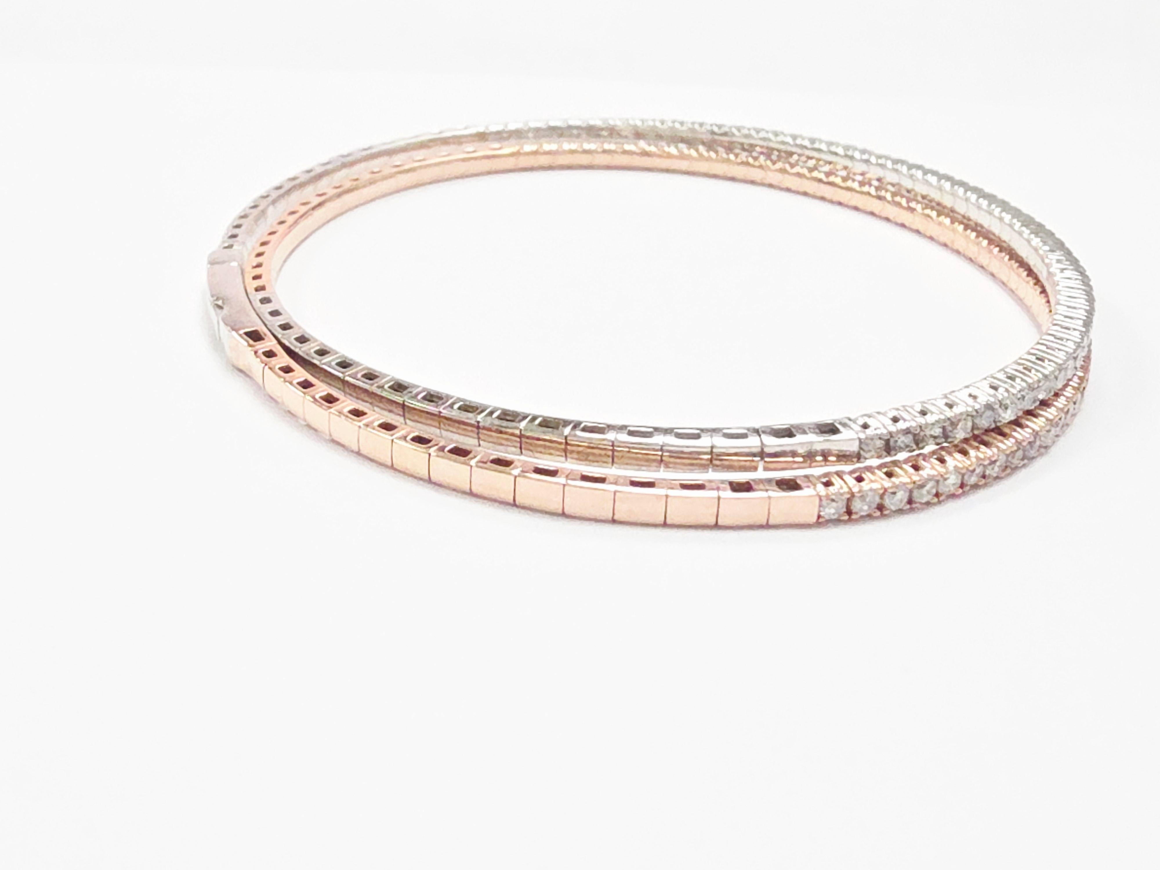 1.68 Carat Two-Tone Diamond Double Row Flexible Bangle Bracelet — 14K White 
Rose Gold

Details:

Metal: 14K White Gold 
14K Rose Gold (Two-Tone)

Total Diamond Weight: 1.68 Carats (Approx.)

Diamond Shape: Round Brilliant

Setting: Double