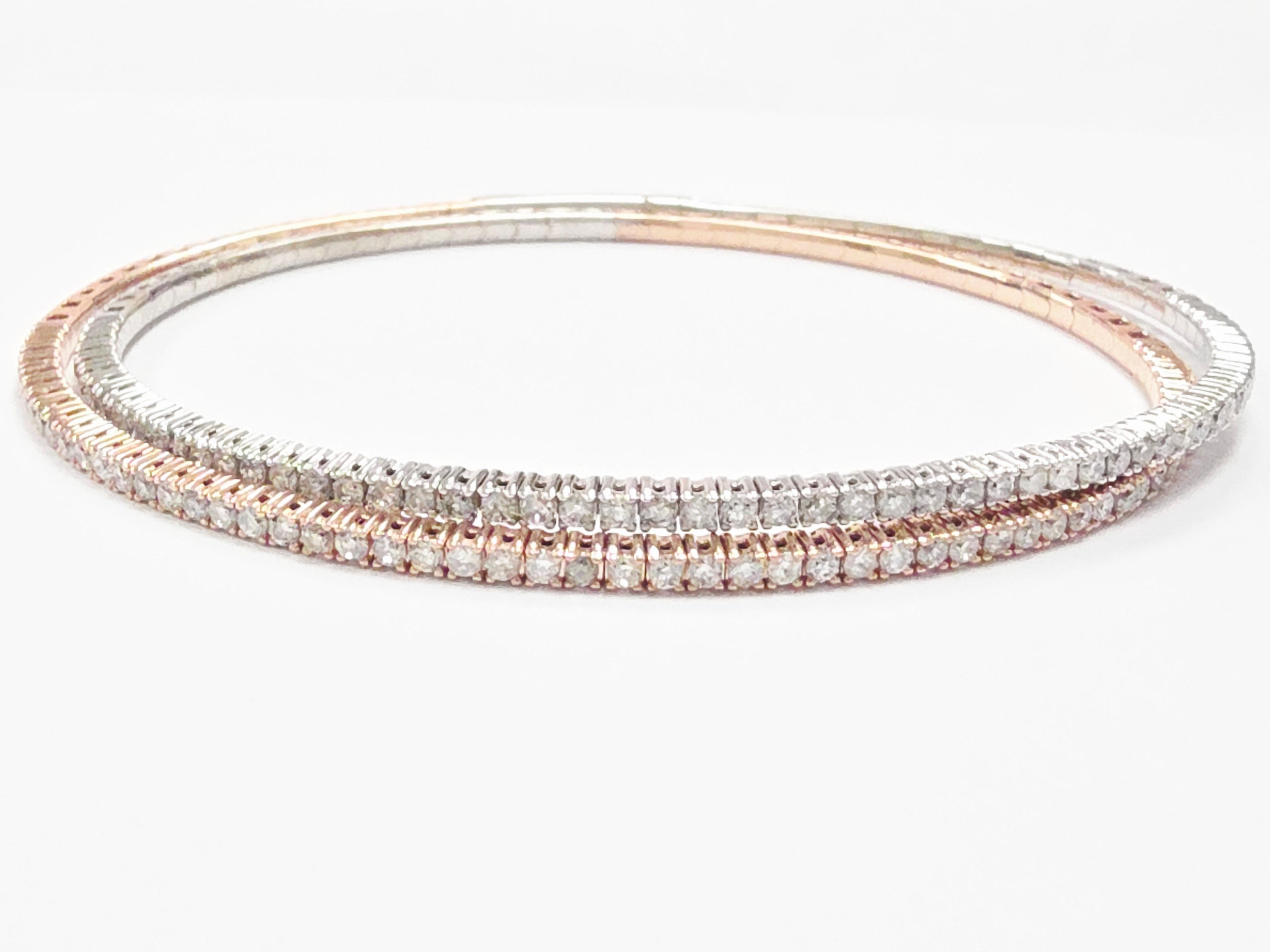 Round Cut MARKDOWN, 1.68 Cts Two Tone Double Row Flexible Bracelet Bangle White Rose 14K For Sale