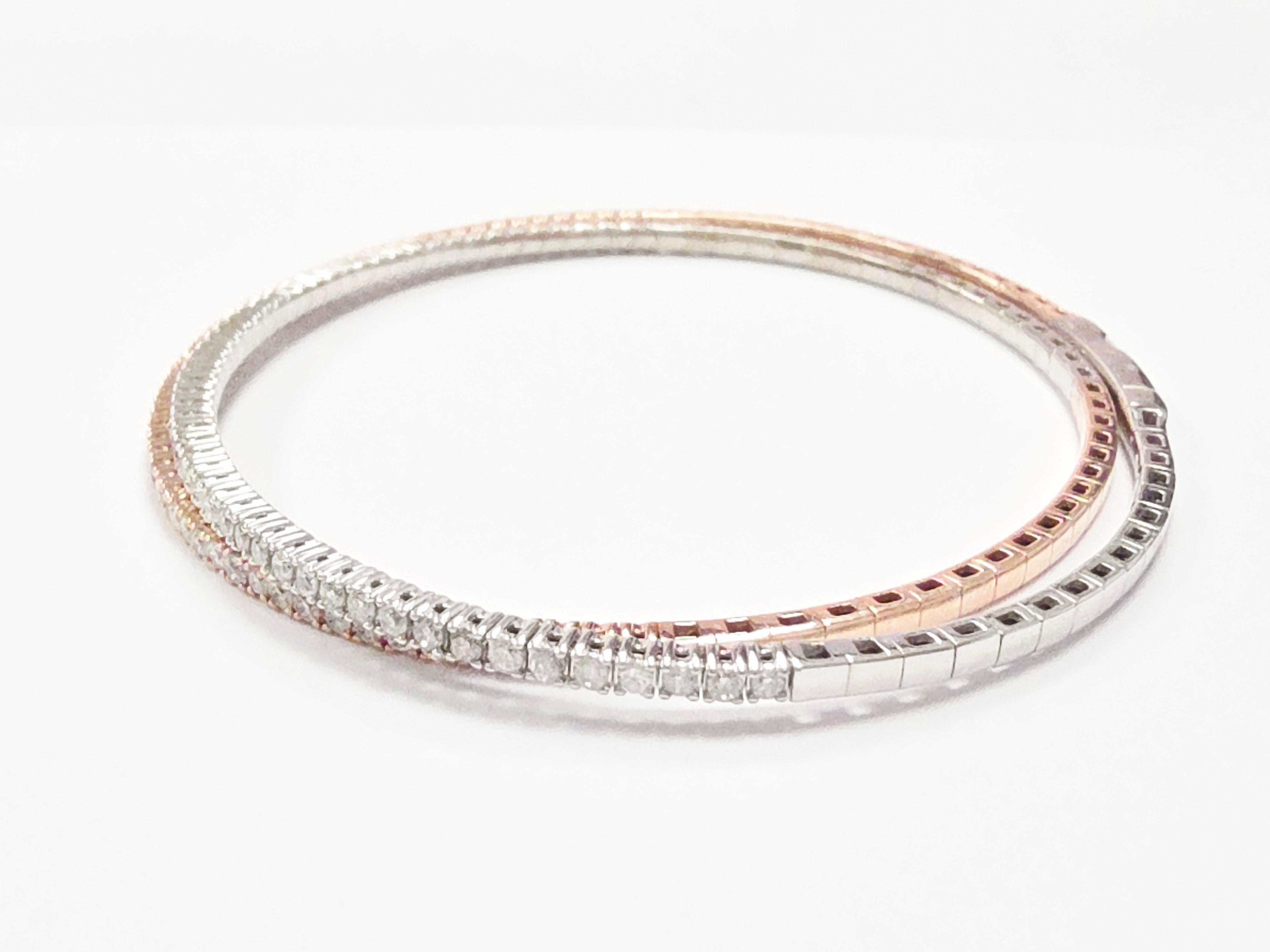 MARKDOWN, 1.68 Cts Two Tone Double Row Flexible Bracelet Bangle White Rose 14K In New Condition For Sale In Great Neck Plaza, NY