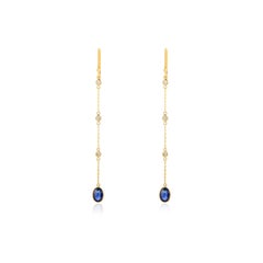 1.68 ct Blue Sapphire With Diamond Linear Chain Earrings 18K Yellow Gold for Her
