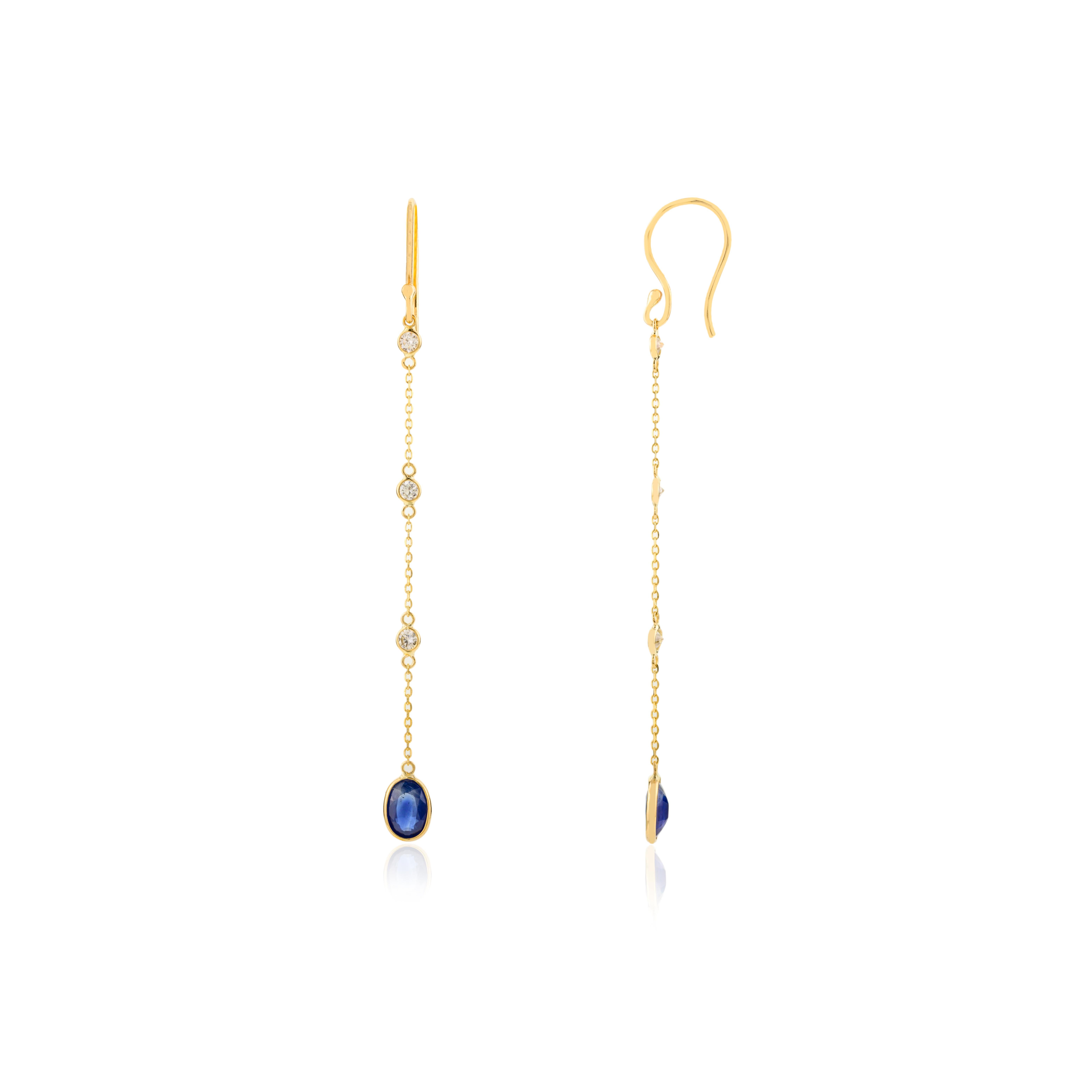 Taglio ovale Orecchini a catena lineare con zaffiro blu e diamante da 1,68 carati in oro giallo 18 carati per lei in vendita