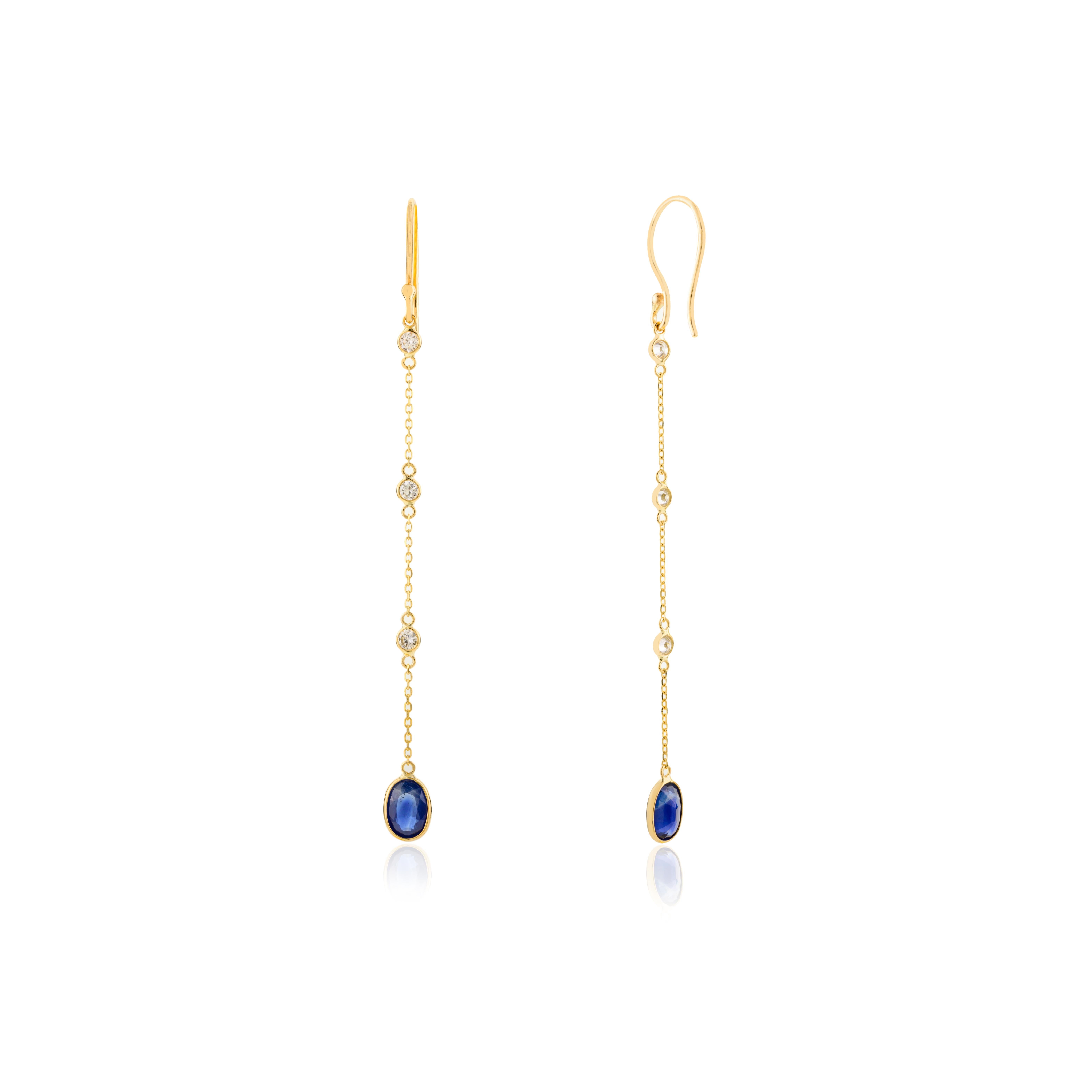 Orecchini a catena lineare con zaffiro blu e diamante da 1,68 carati in oro giallo 18 carati per lei In condizioni Nuovo in vendita a New York, NY