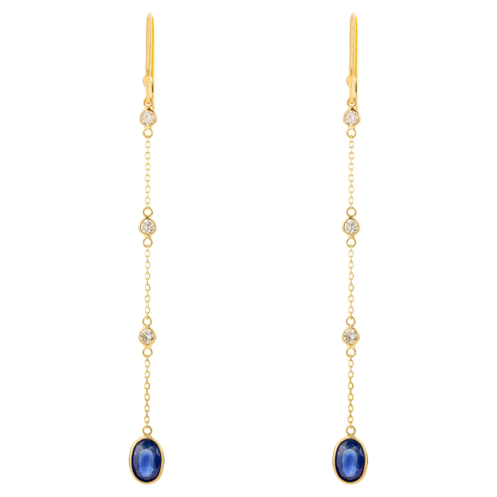 Orecchini a catena lineare con zaffiro blu e diamante da 1,68 carati in oro giallo 18 carati per lei