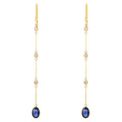Pendientes de Cadena Lineal de Zafiro Azul con Diamantes de 1,68 ct Oro Amarillo de 18 K para Ella