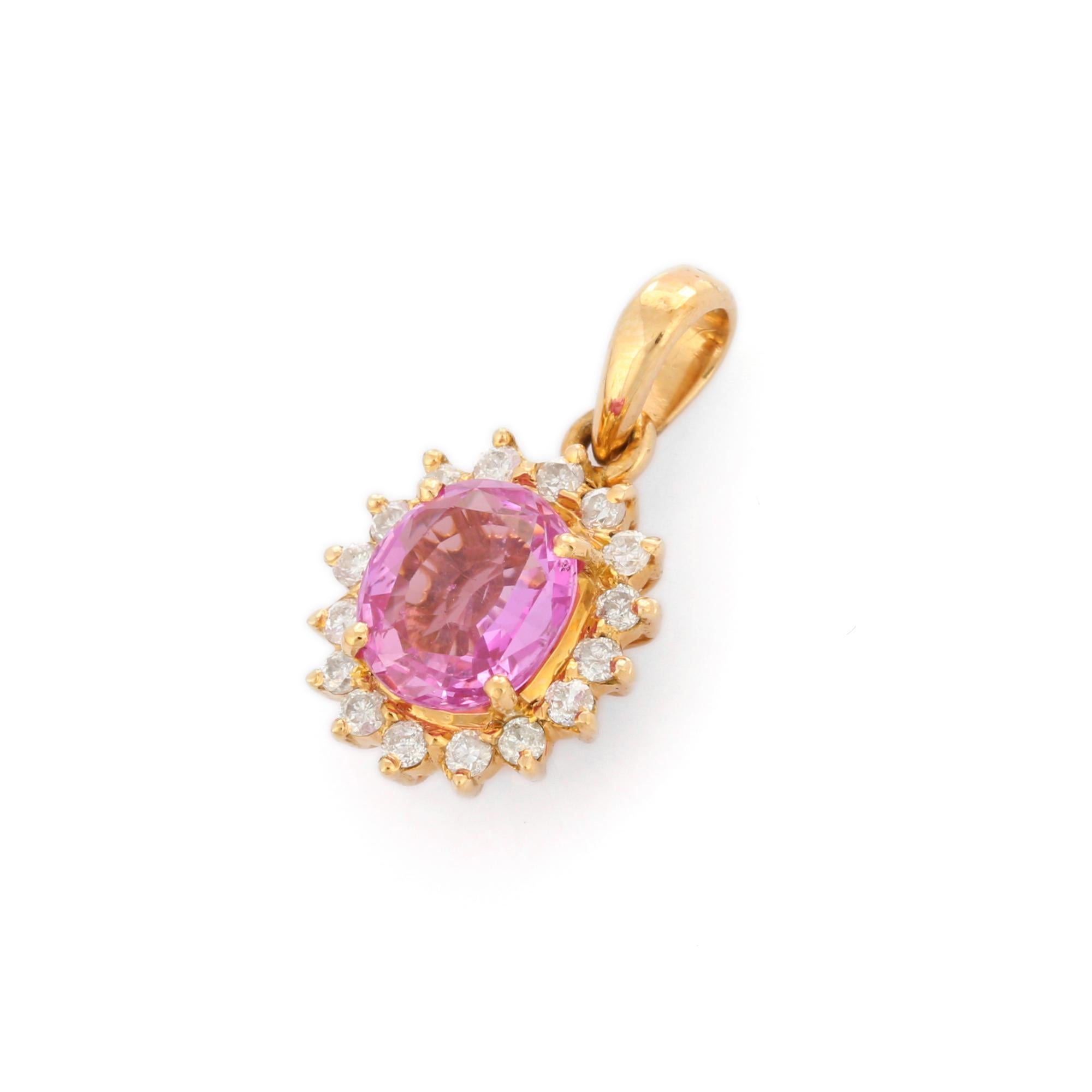 Pink sapphire and halo diamond pendant in 18K Gold. It has a oval cut sapphire with diamonds that completes your look with a decent touch. Pendants are used to wear or gifted to represent love and promises. It's an attractive jewelry piece that goes
