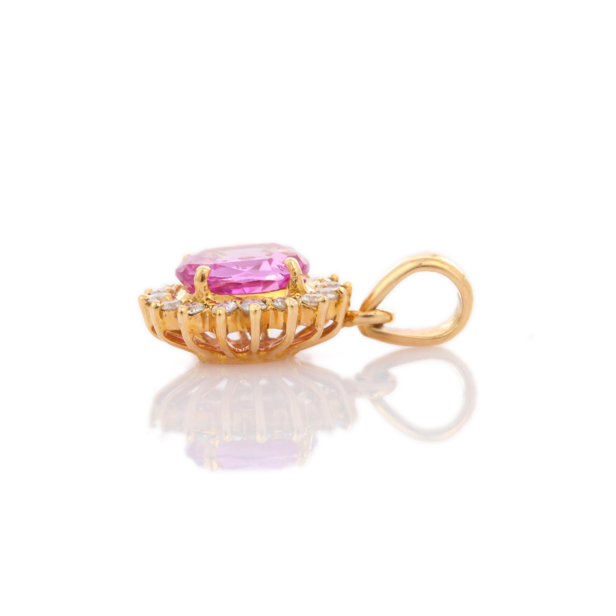 Taille ovale Pendentif de mariage clouté en or jaune 18 carats avec saphir rose de 1,68 carat et diamants en vente