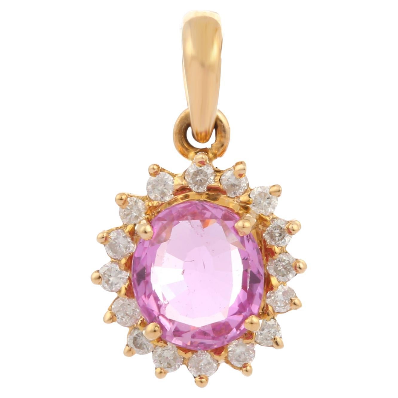 1.68 ct Pink Sapphire with Diamonds Wedding Pendant Studded in 18K Yellow Gold For Sale