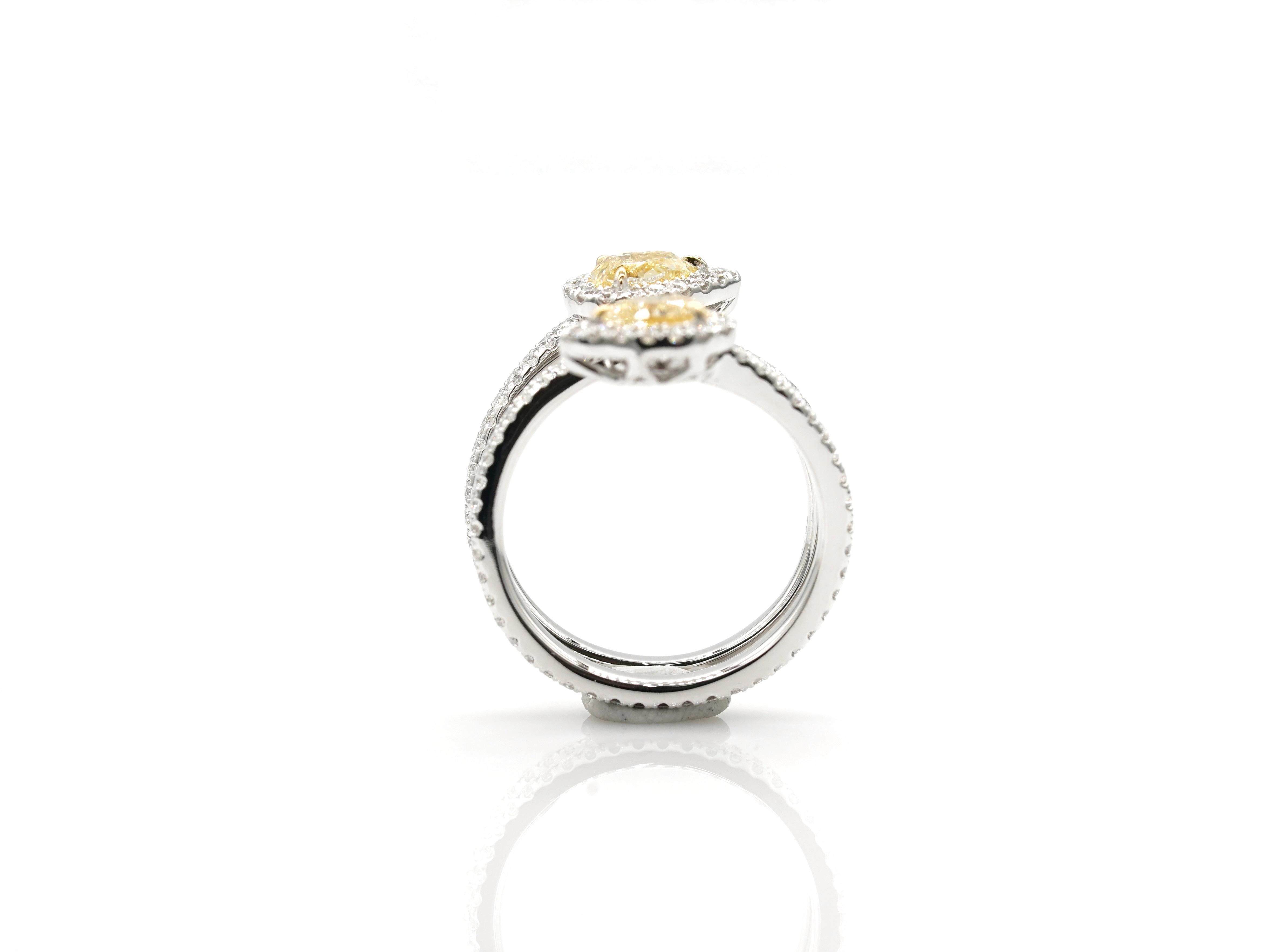 Pear Cut 1.68 Toi Et Mois Fancy Yellow Diamond Engagement Ring 18K White & Yellow Gold For Sale