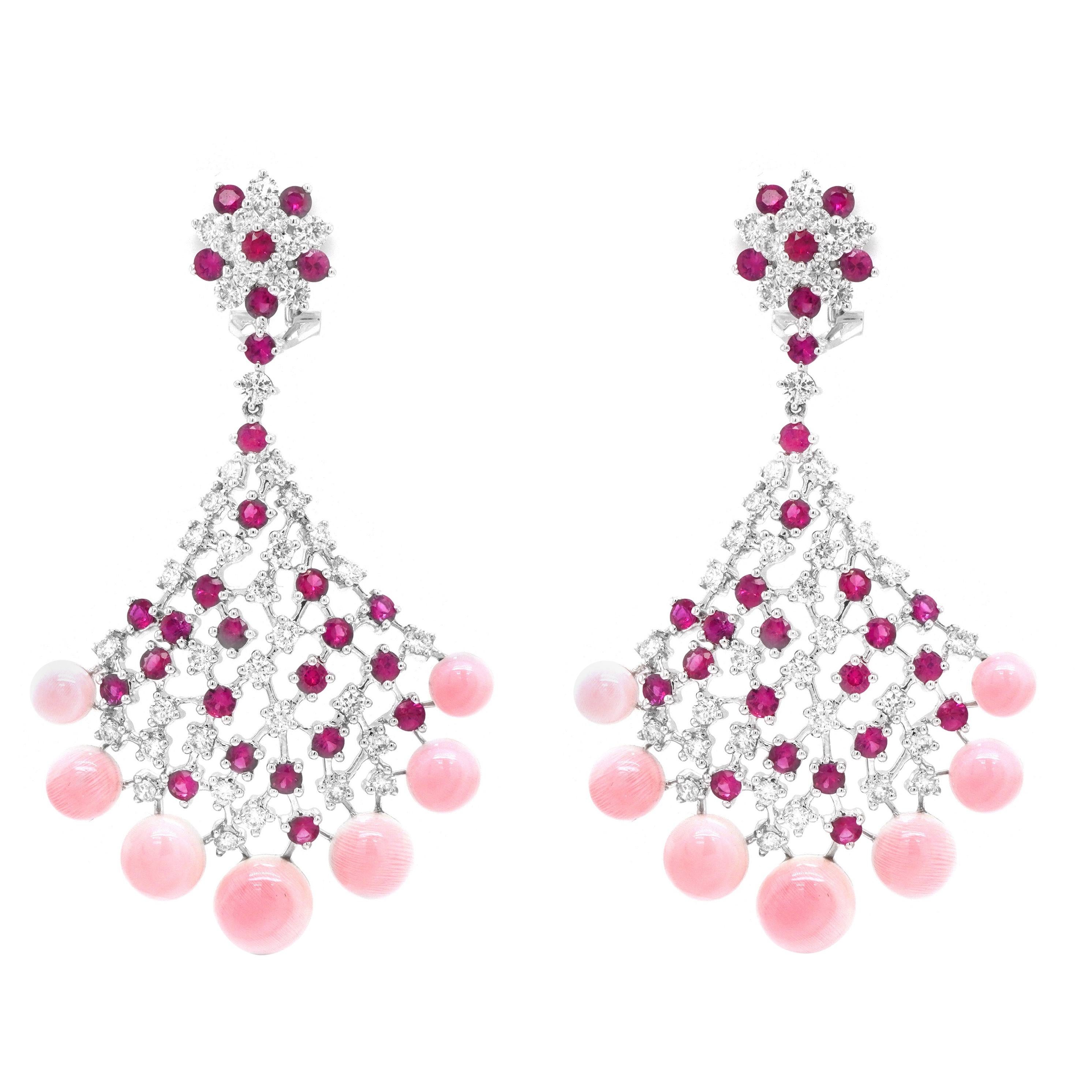 16.80 Carat Caribbean "Conch Shell" and 4.17 Carat Ruby Chandelier Earring