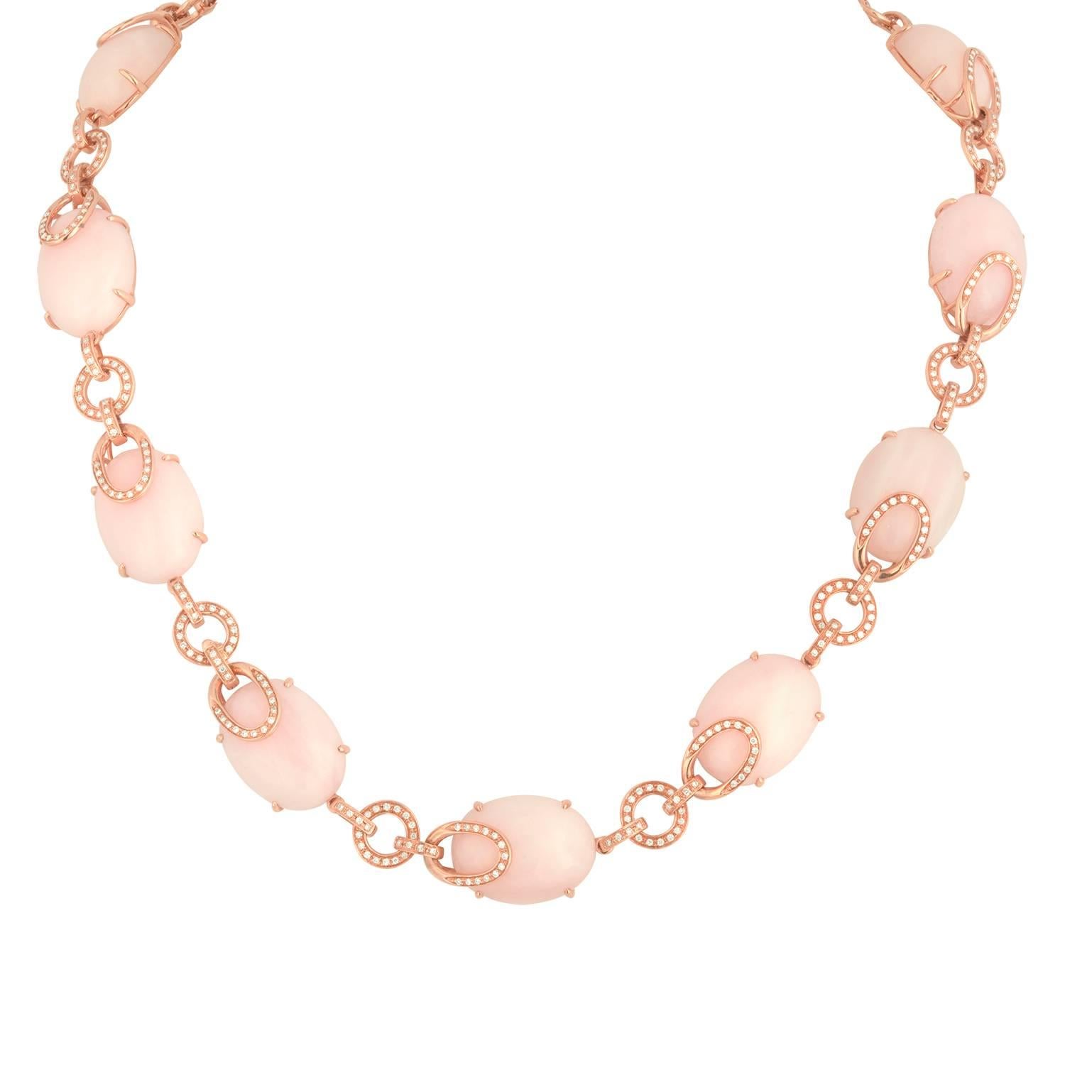 Modern 168.00 Carats Pink & Peach Opal and Diamond Gold Necklace For Sale