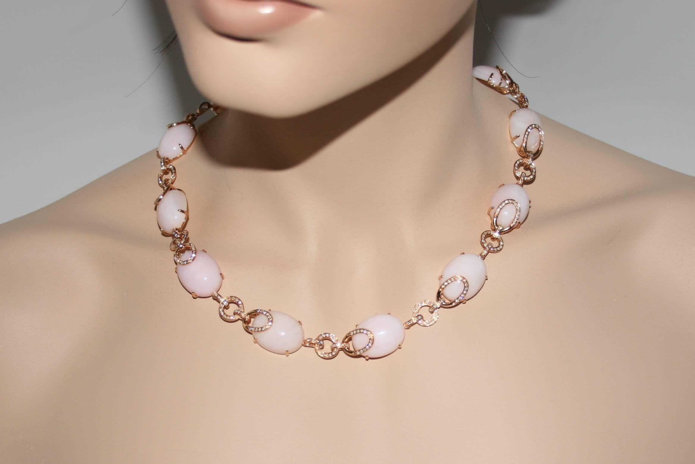 Oval Cut 168.00 Carats Pink & Peach Opal and Diamond Gold Necklace For Sale
