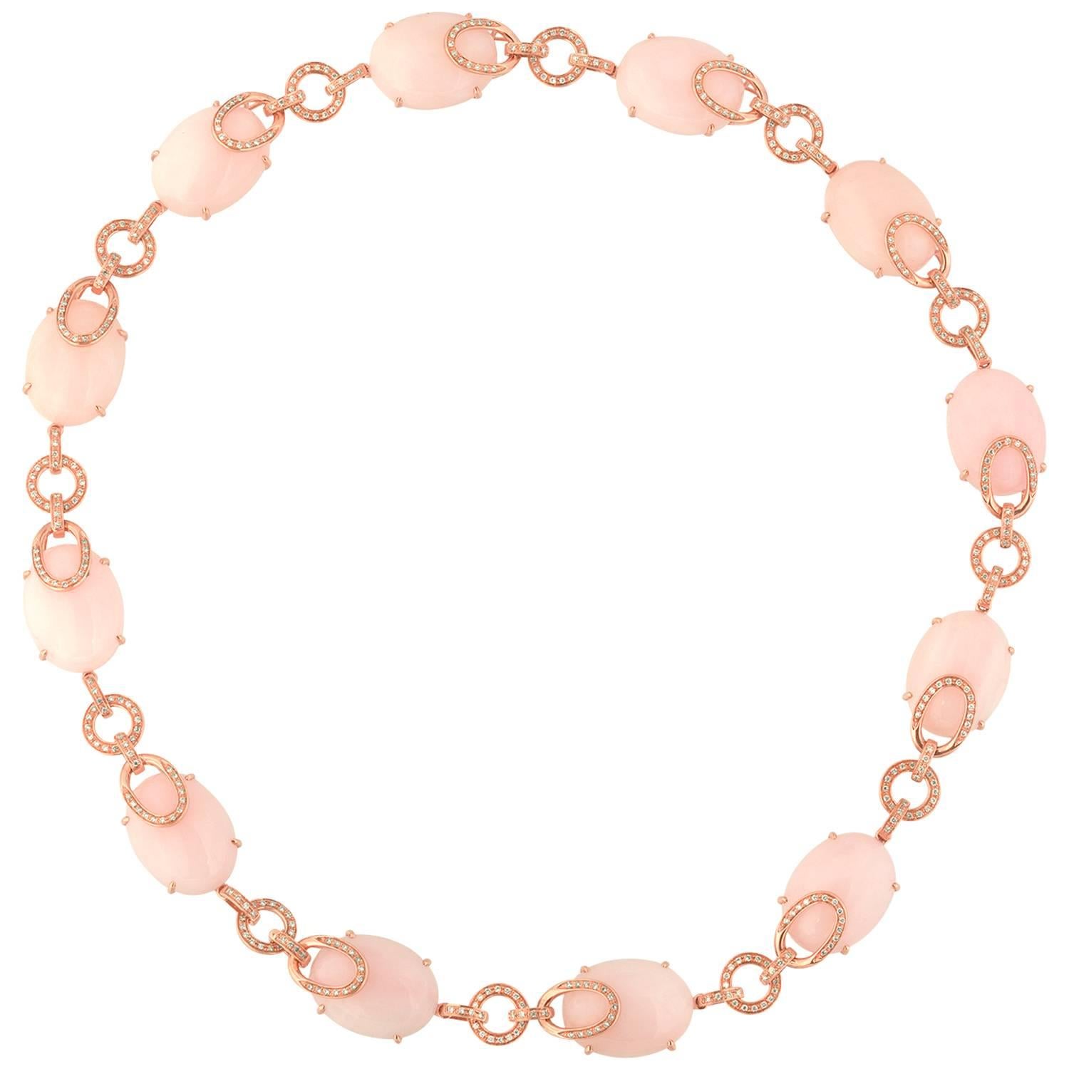 168.00 Carats Pink & Peach Opal and Diamond Gold Necklace