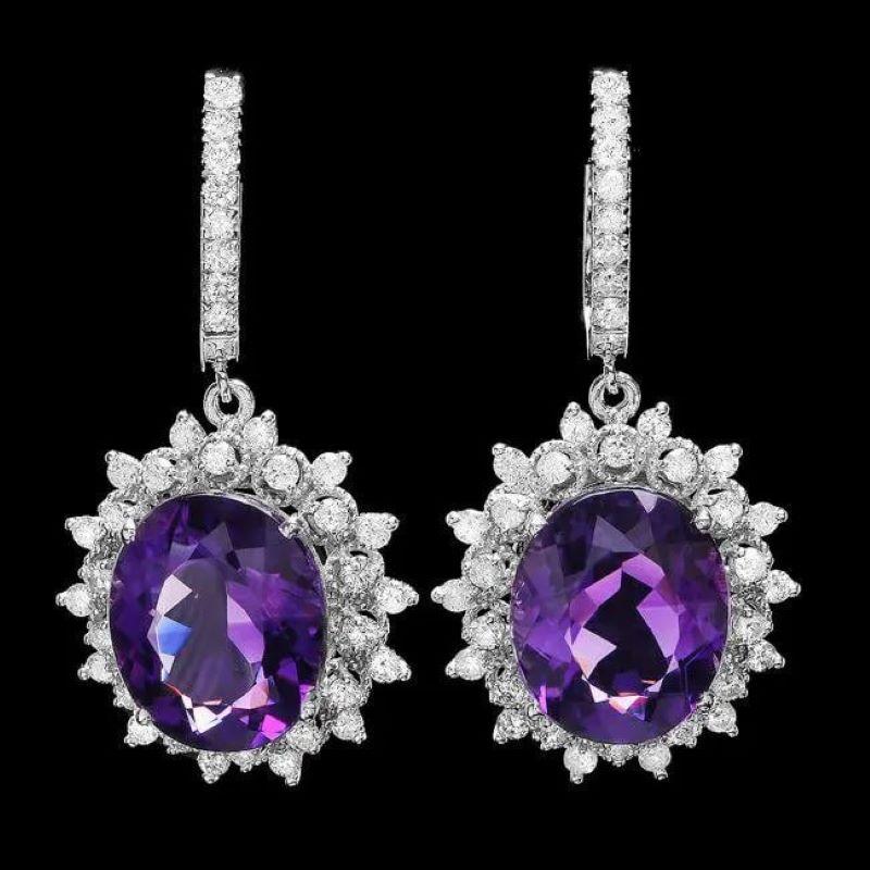 Mixed Cut 16.80ct Natural Amethyst and Diamond 14K Solid White Gold Earrings For Sale