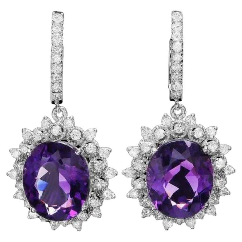 16.80ct Natural Amethyst and Diamond 14K Solid White Gold Earrings For Sale