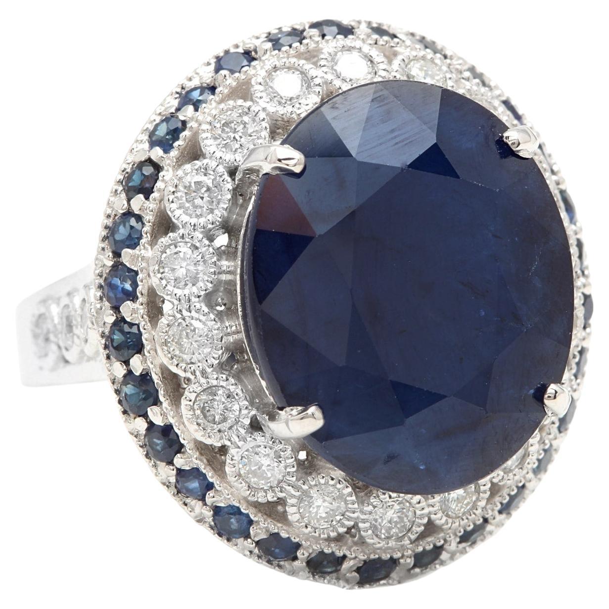 16.80ct Natural Blue Sapphire & Diamond 14k Solid White Gold Ring For Sale