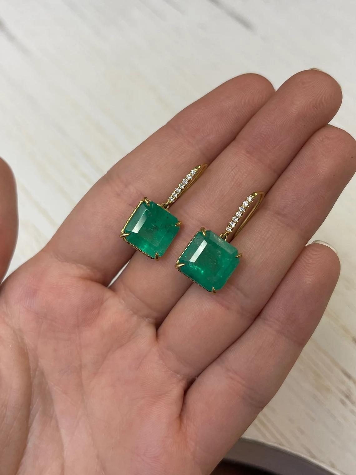 Modern 16.80tcw 18K Colombian Emerald-Asscher Cut & Diamond Accent Hook Earrings For Sale