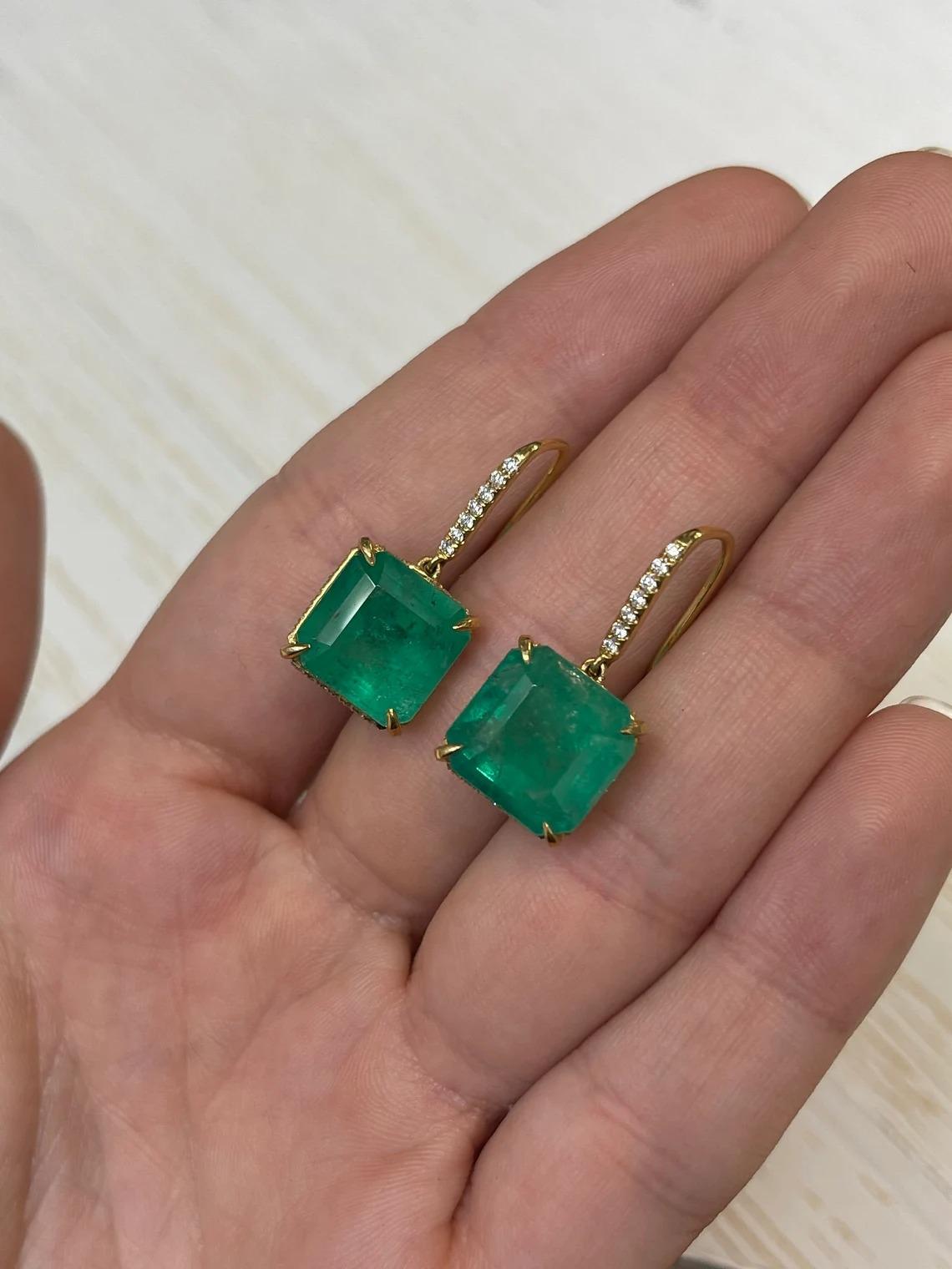 16.80tcw 18K Colombian Emerald-Asscher Cut & Diamond Accent Hook Earrings In New Condition For Sale In Jupiter, FL