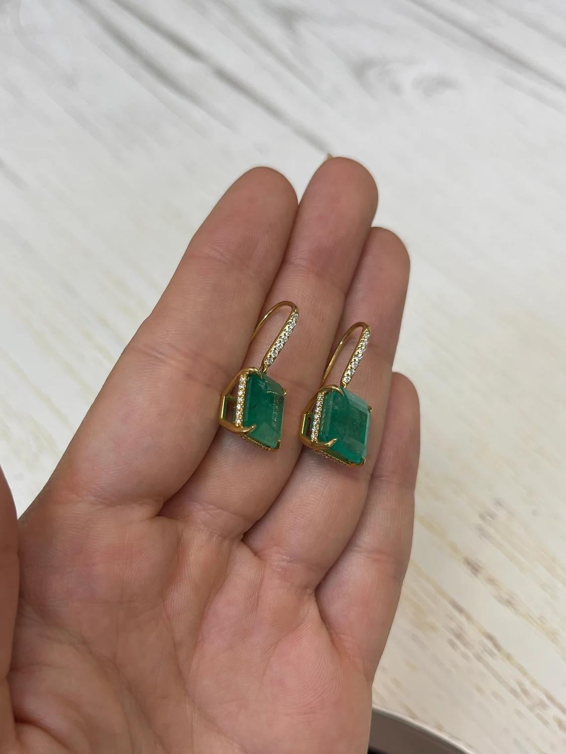 Women's 16.80tcw 18K Colombian Emerald-Asscher Cut & Diamond Accent Hook Earrings For Sale