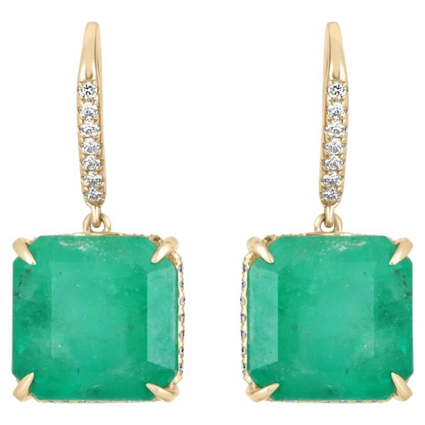 16.80tcw 18K Colombian Emerald-Asscher Cut & Diamond Accent Hook Earrings