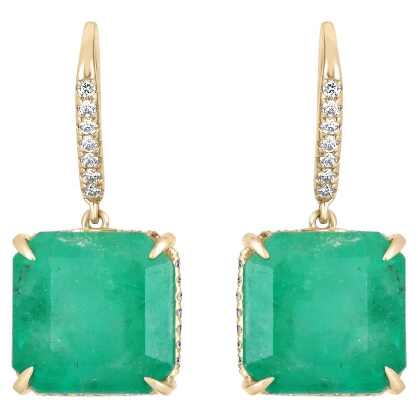 16.80tcw 18K Colombian Emerald-Asscher Cut & Diamond Accent Hook Earrings