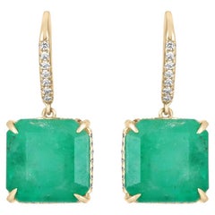 16.80tcw 18K Colombian Emerald-Asscher Cut & Diamond Accent Hook Earrings