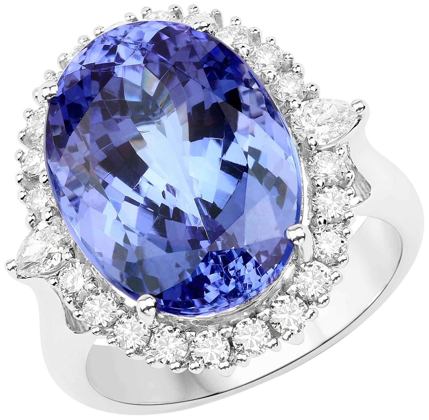 16.81 Carat Tanzanite and Diamond 18 Karat White Gold Cocktail Ring For Sale