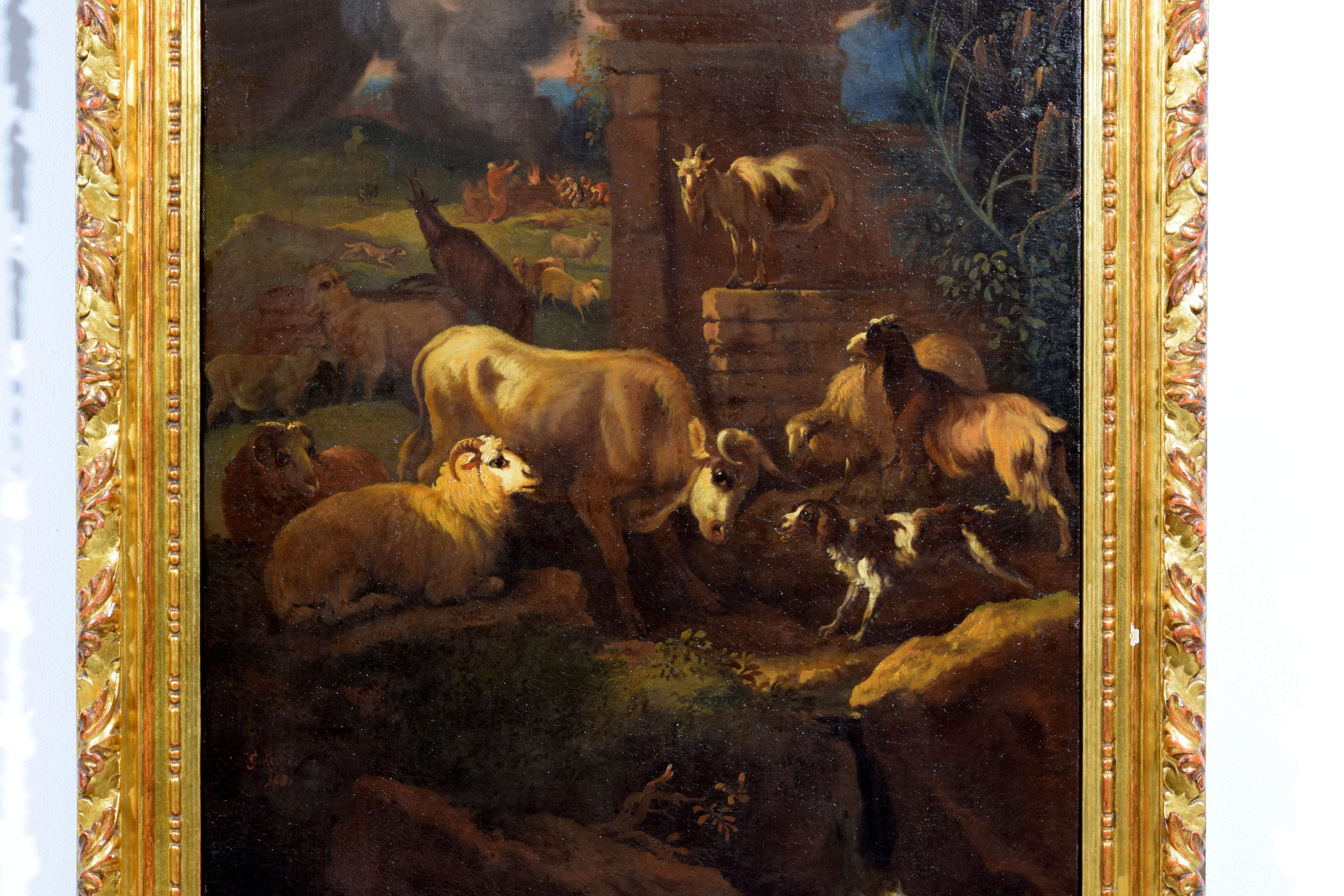 Fine XVII secolo 1681, Coppia di dipinti firmati Grechetto da Leone come Govaert G. VAN DER LEEUW in vendita