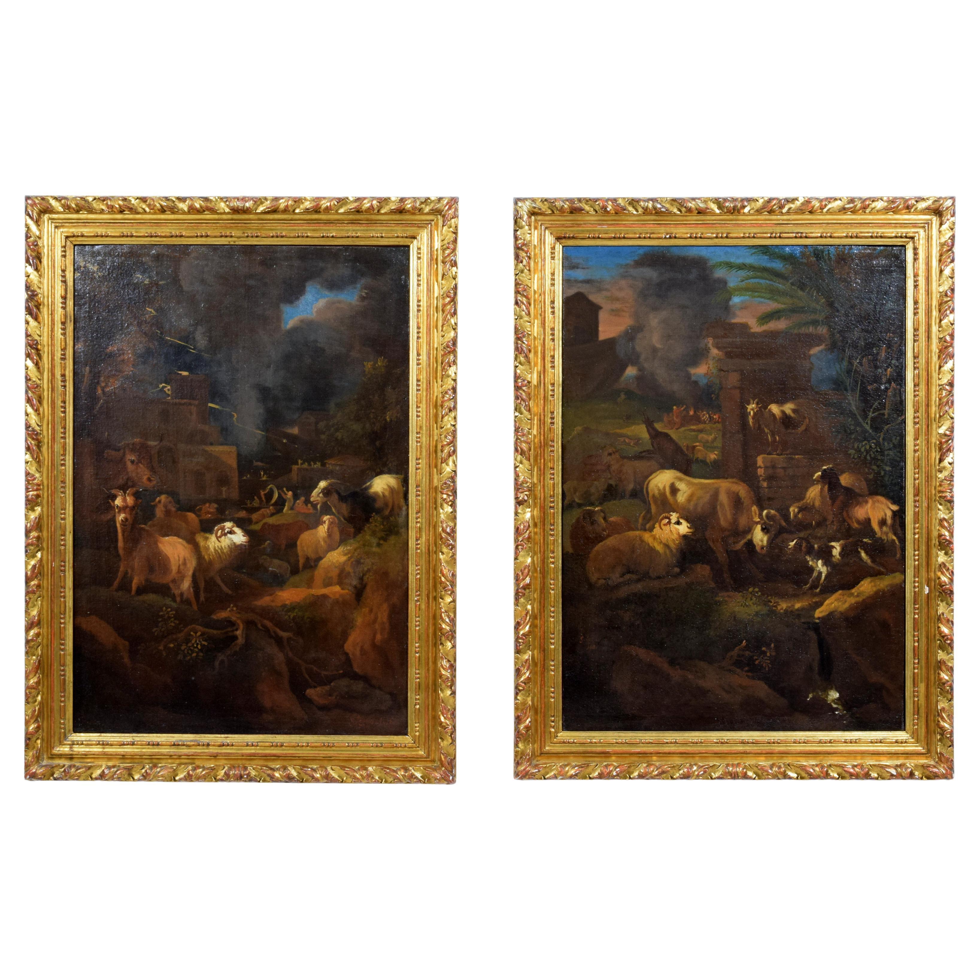 1681, Pareja de pinturas firmadas Grechetto da Leone como Govaert G. VAN DER LEEUW