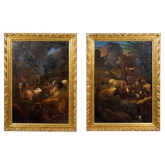 1681, Pareja de pinturas firmadas Grechetto da Leone como Govaert G. VAN DER LEEUW
