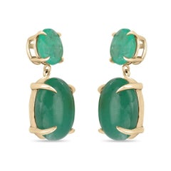 16.82tcw 14K Round Cut Emerald & Emerald Cabochon Cut Dangle Gold Prong Earrings