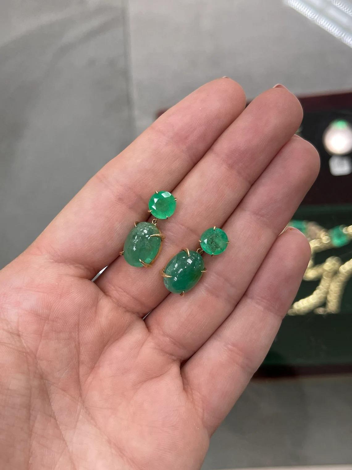 Modern 16.82tcw 14K Round Cut Emerald & Emerald Cabochon Cut Dangle Gold Prong Earrings For Sale