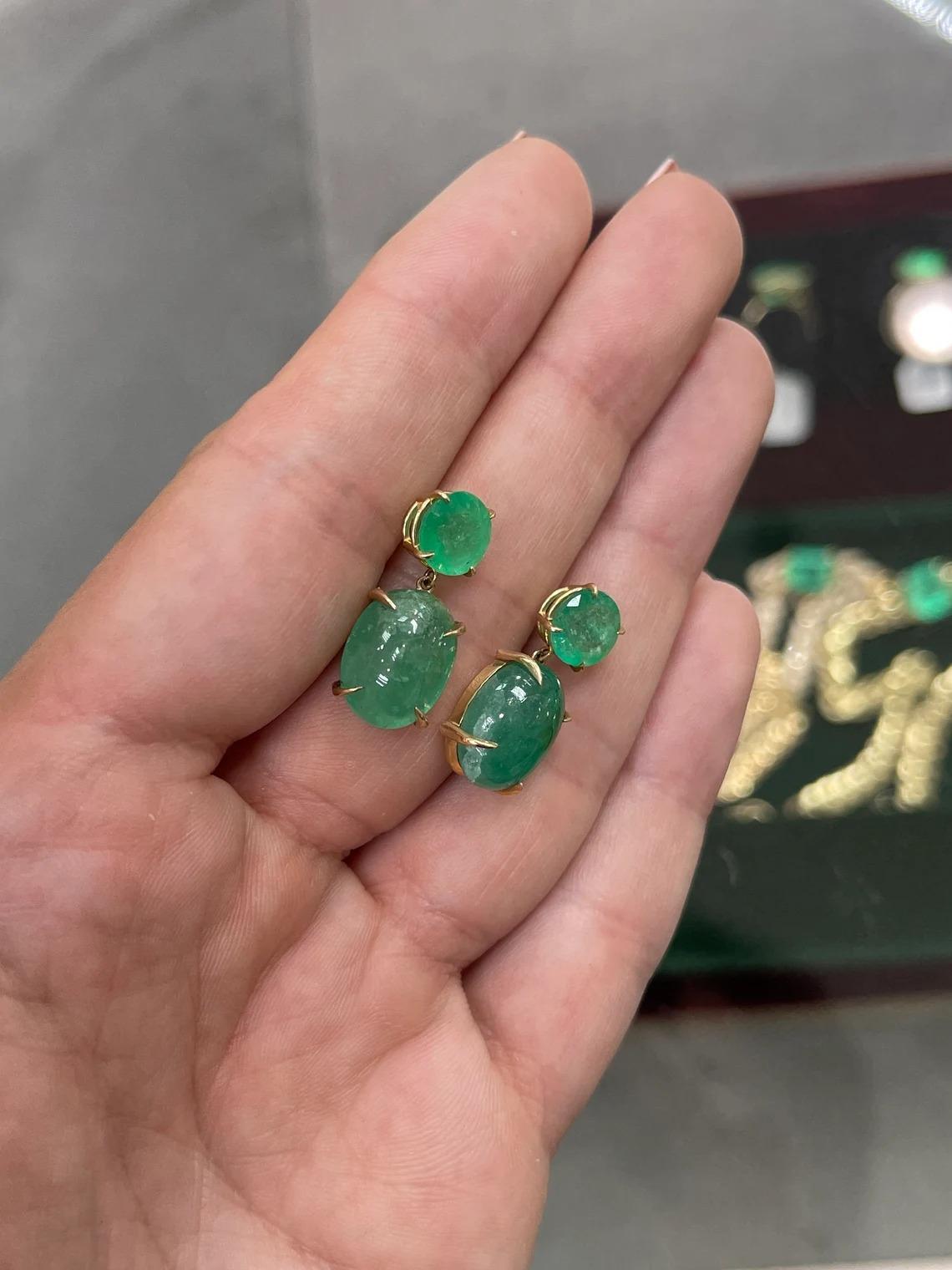 16.82tcw 14K Round Cut Emerald & Emerald Cabochon Cut Dangle Gold Prong Earrings In New Condition For Sale In Jupiter, FL