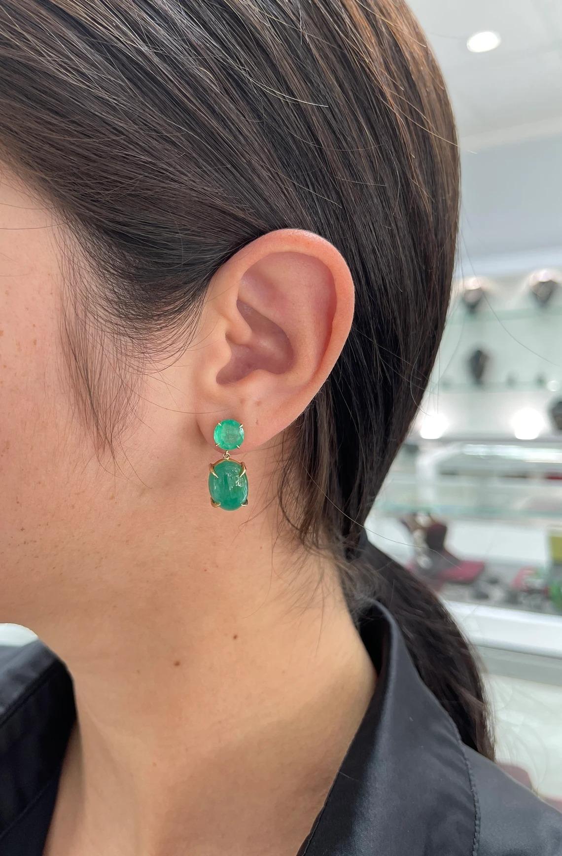 16.82tcw 14K Round Cut Emerald & Emerald Cabochon Cut Dangle Gold Prong Earrings For Sale 1