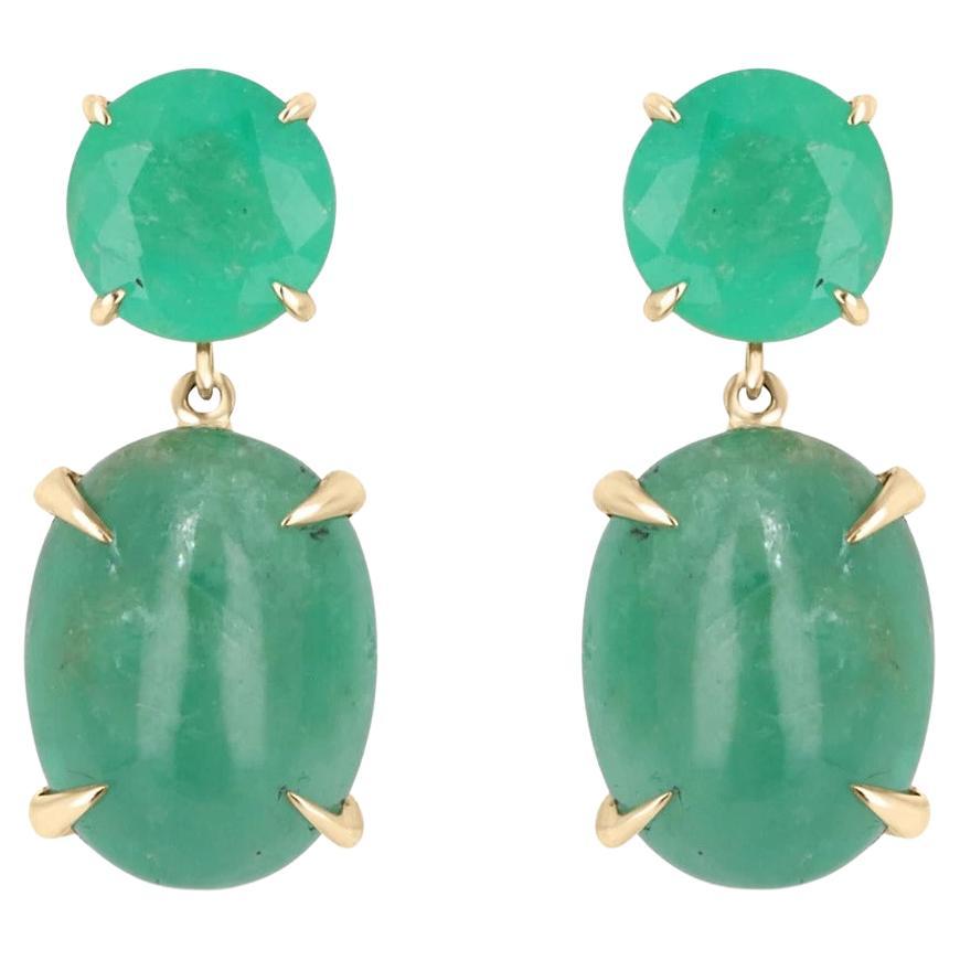 16.82tcw 14K Round Cut Emerald & Emerald Cabochon Cut Dangle Gold Prong Earrings For Sale