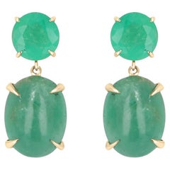 16.82tcw 14K Round Cut Emerald & Emerald Cabochon Cut Dangle Gold Prong Earrings