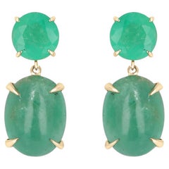 16.82tcw 14K Round Cut Emerald & Emerald Cabochon Cut Dangle Gold Prong Earrings