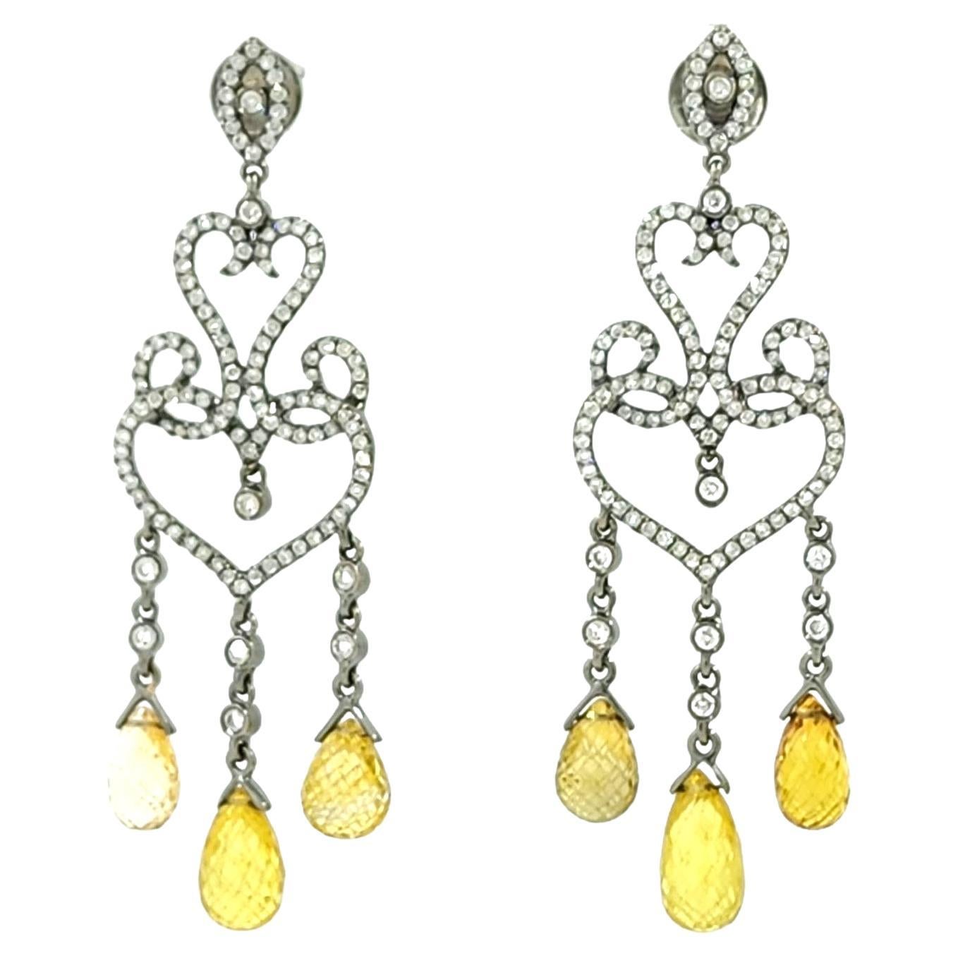 Vintage 16.83ct Sapphire Briolettes Diamond Dangle Drop Earring in 18k Gold For Sale