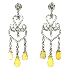 Antique 16.83ct Sapphire Briolettes Diamond Dangle Drop Earring in 18k Gold