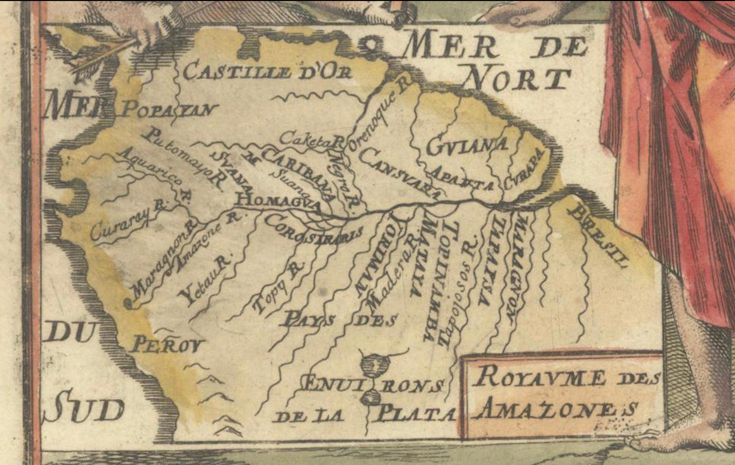 1684 Mapa Mallet del Río Amazonas y Reino de las Amazonas - Coloreado a mano, Miniatura en Bueno estado para la venta en Langweer, NL