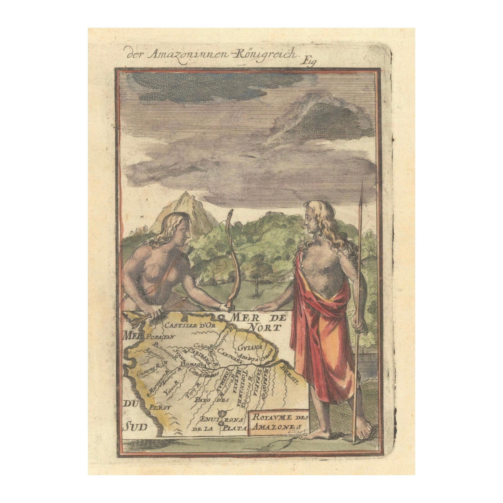 1684 Mapa Mallet del Río Amazonas y Reino de las Amazonas - Coloreado a mano, Miniatura en venta