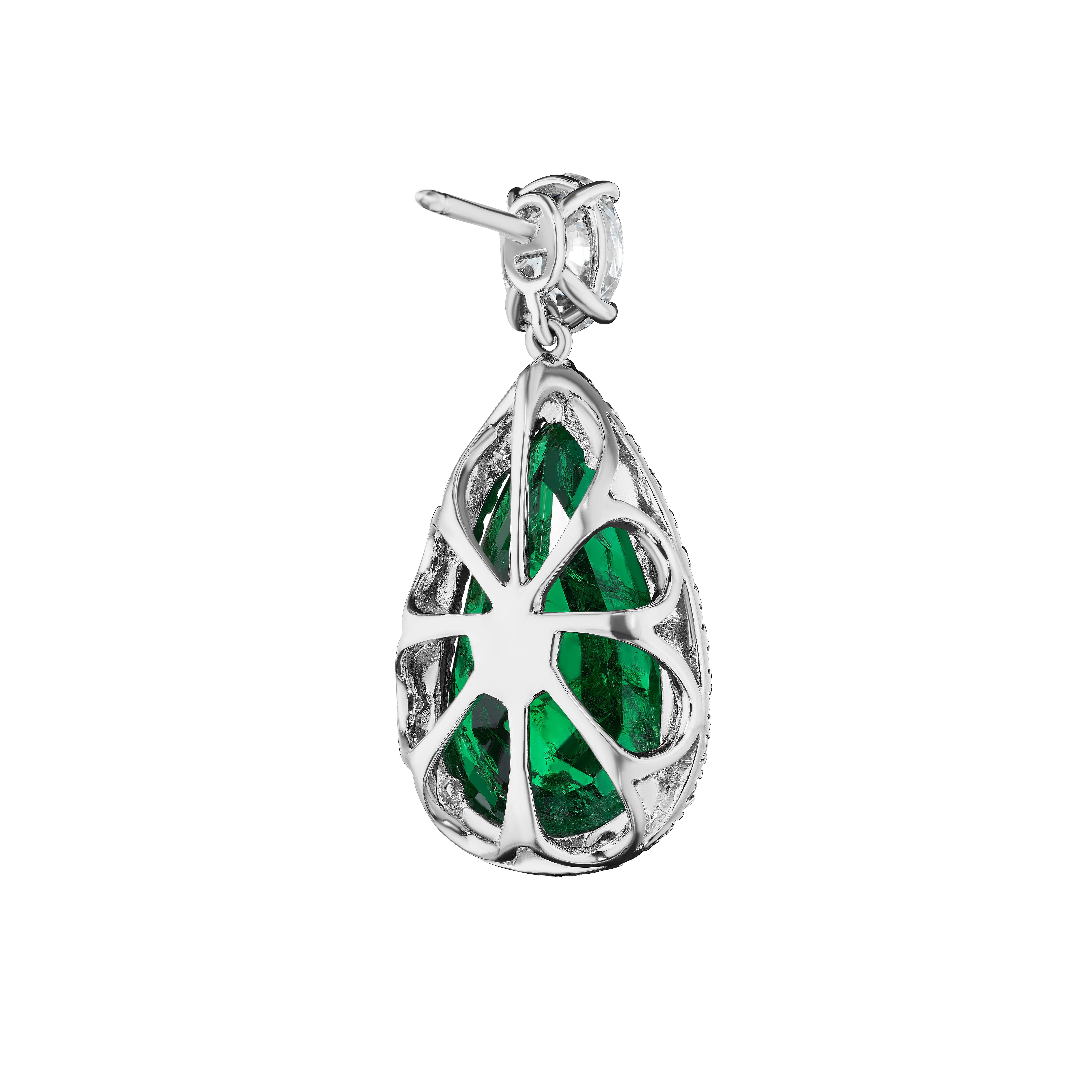 Modern 16.84ct Pear Shape Green Emerald & Diamond Halo Earrings in 18KT Gold For Sale