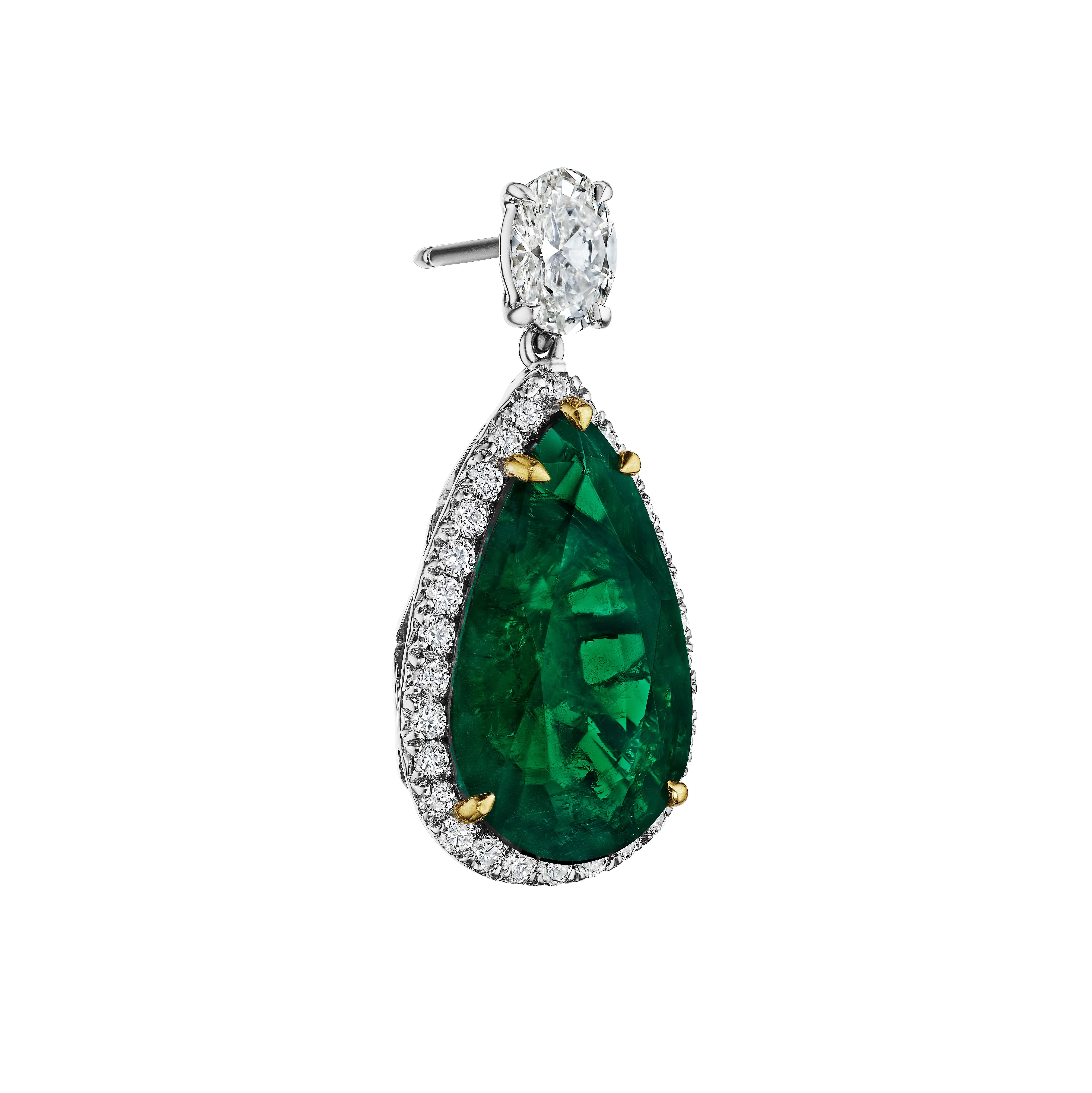 Pear Cut 16.84ct Pear Shape Green Emerald & Diamond Halo Earrings in 18KT Gold For Sale