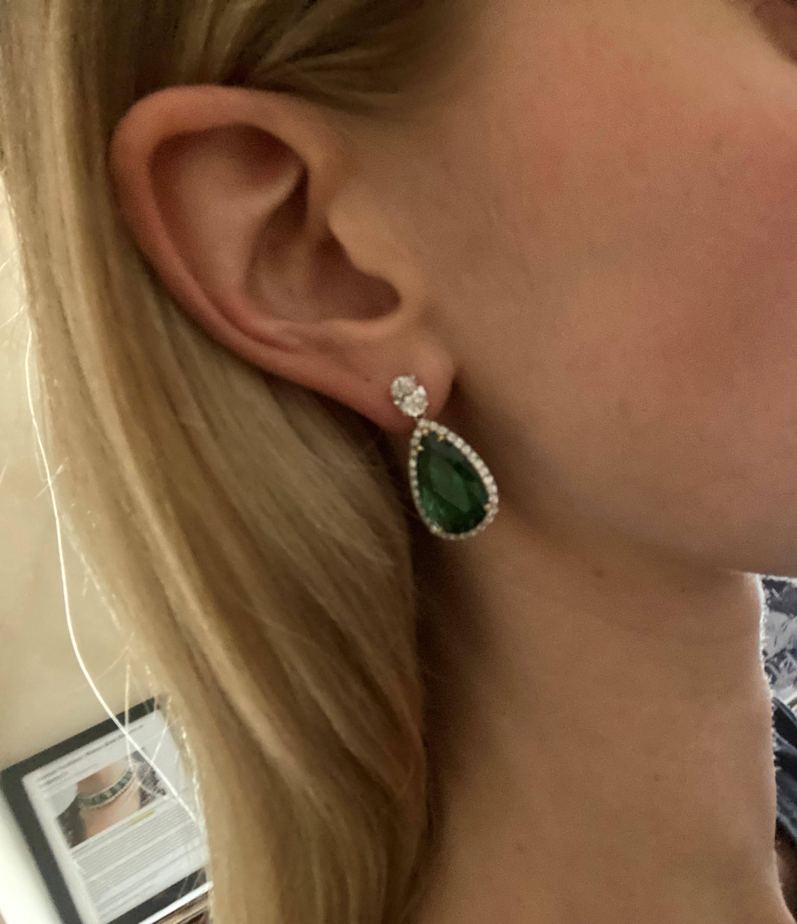 16.84ct Pear Shape Green Emerald & Diamond Halo Earrings in 18KT Gold For Sale 1