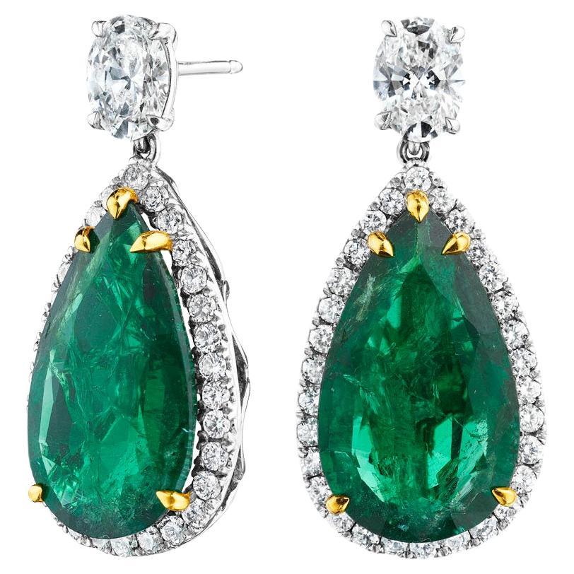 16.84ct Pear Shape Green Emerald & Diamond Halo Earrings in 18KT Gold For Sale