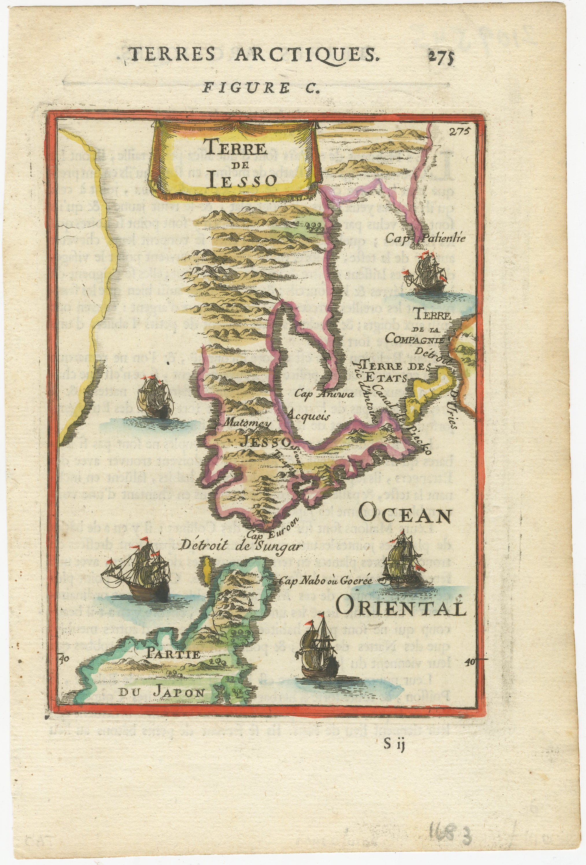 Title: 1685 Alain Manesson Mallet Map of Hokkaido, Iesso, and Company’s Land  

Description: This engraved seventeenth-century map, titled Terre de Iesso, was published in 1685 as part of Alain Manesson Mallet’s Description de l’Univers. Printed in