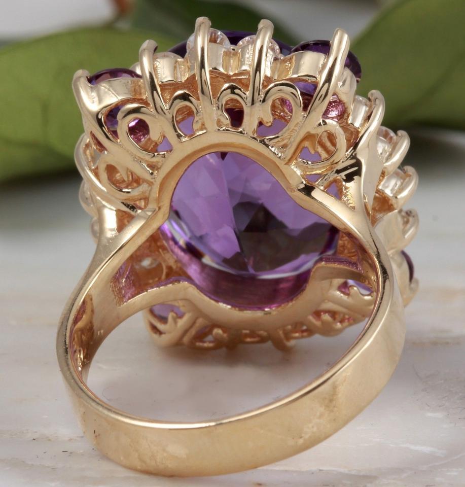 Mixed Cut 16.85 Carats Natural Amethyst and Diamond 14k Solid Yellow Gold Ring For Sale