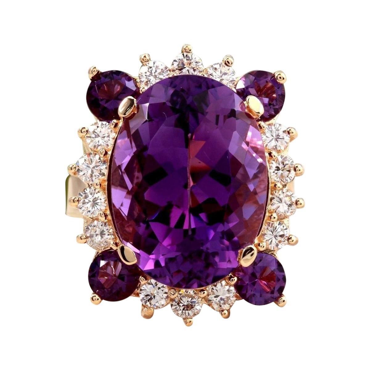 16.85 Carats Natural Amethyst and Diamond 14k Solid Yellow Gold Ring For Sale