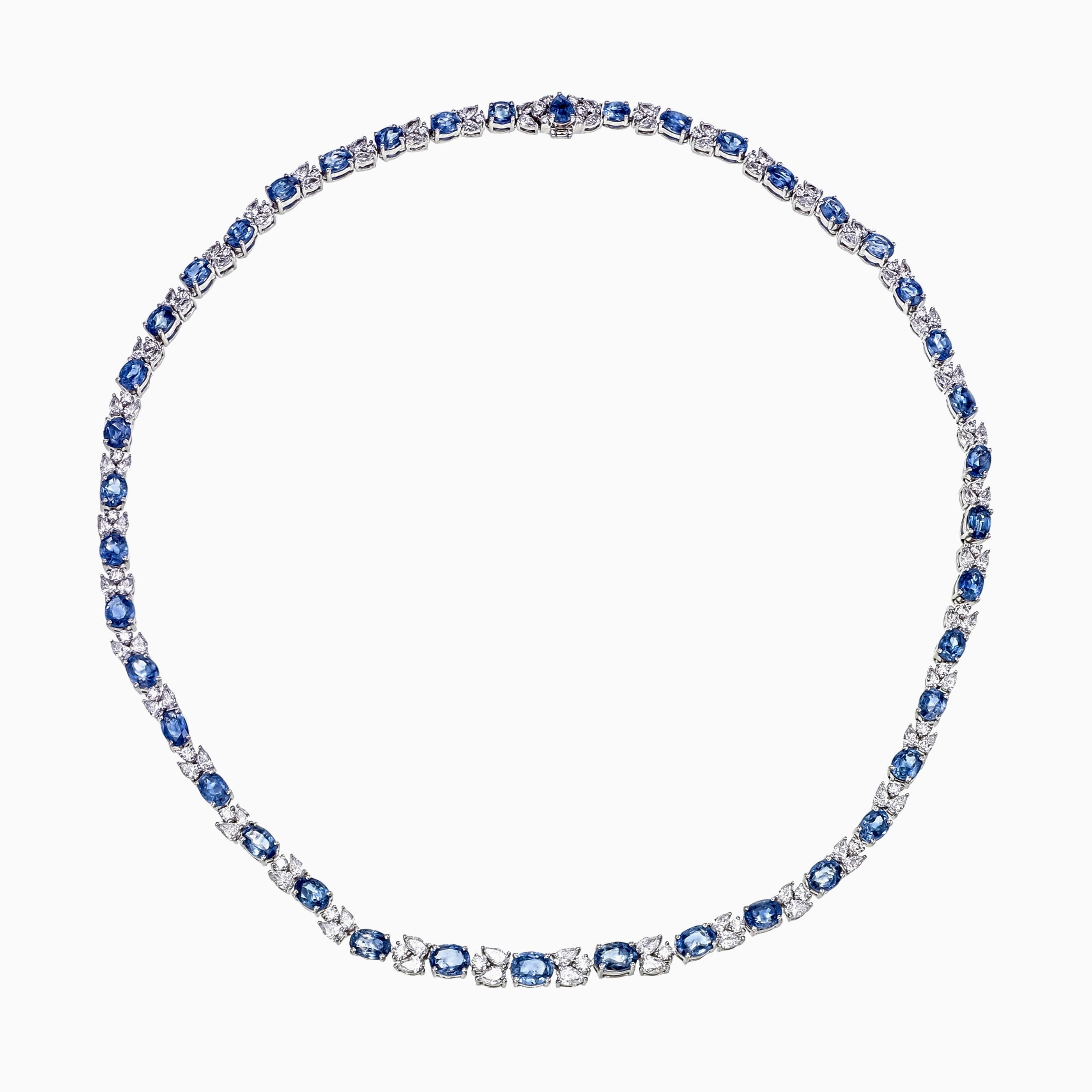 Oval Cut 16.86 Carat Kashmir Blue Sapphire And Diamond Necklace in 18 Karat White Gold For Sale