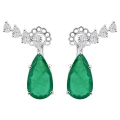 16.86Ct Emeraude fine et diamant Boucles d'oreilles pendantes en or massif 14k